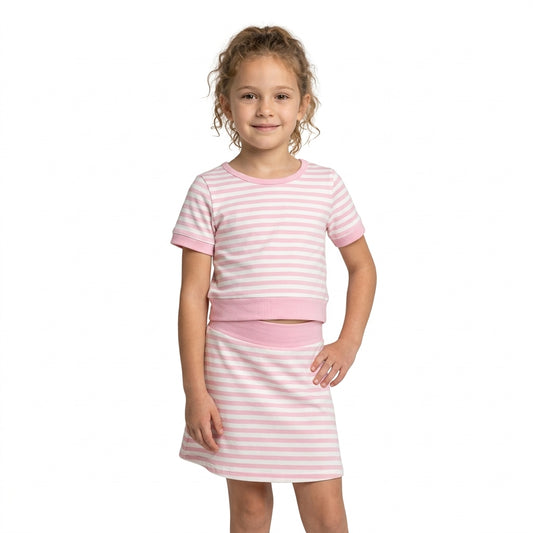 GSD4159 Pink Stripes Print Active Outfit Short Sleeve & Skort Girls Yoga Clothes Set