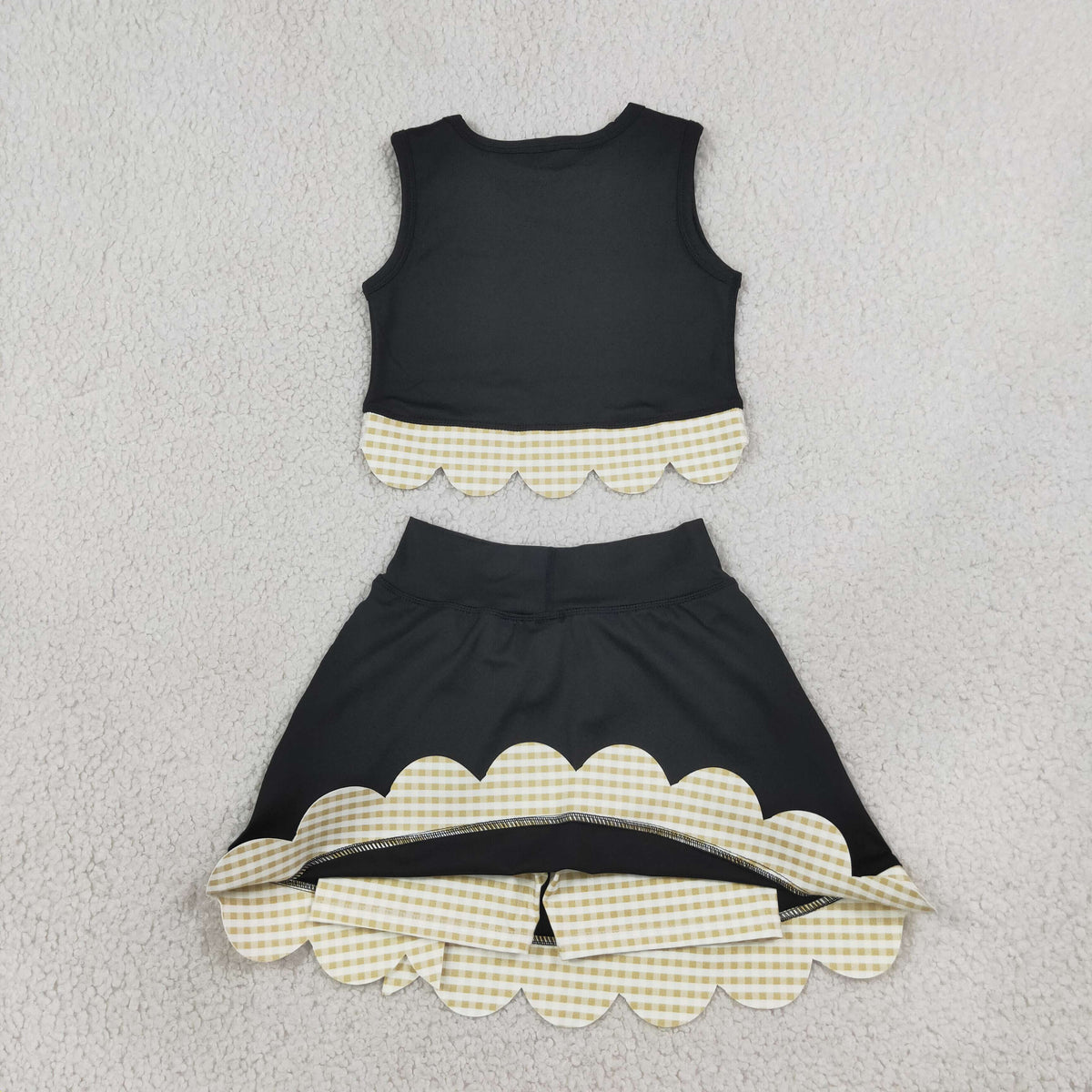 GSD4175 Khaki Checkered Bows Black Girls Summer Scallop Yoga Clothes Set