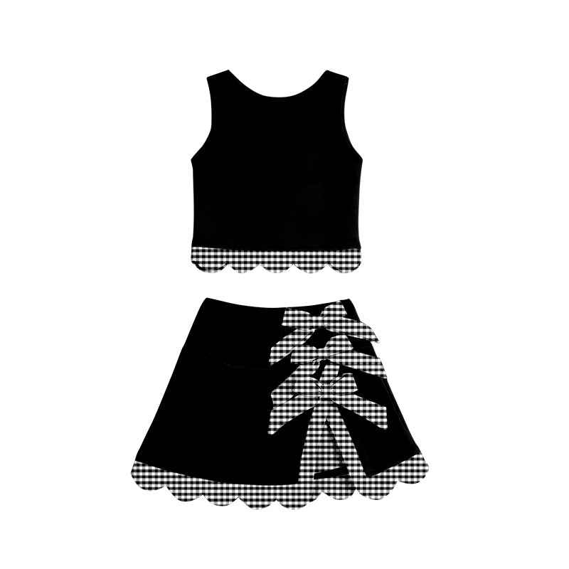 4.30 GSD4176 Preorder Black Plaid Bows Girls Summer Scallop Yoga Clothes Set