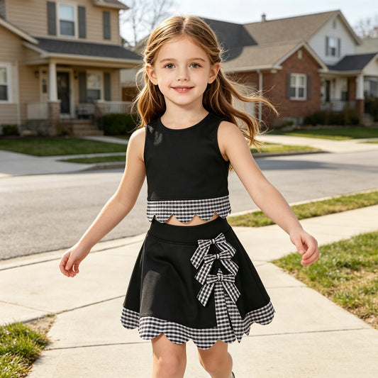 GSD4176 Black Checkered Bows Girls Summer Scallop Yoga Clothes Set