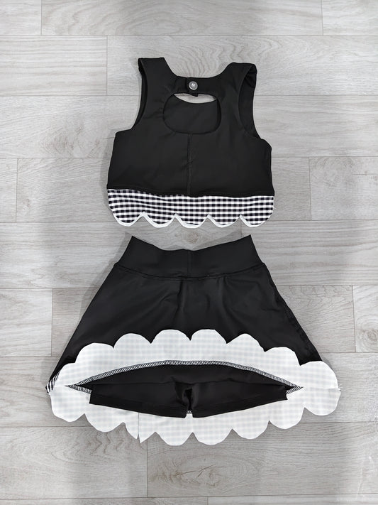 4.30 GSD4176 Preorder Black Plaid Bows Girls Summer Scallop Yoga Clothes Set