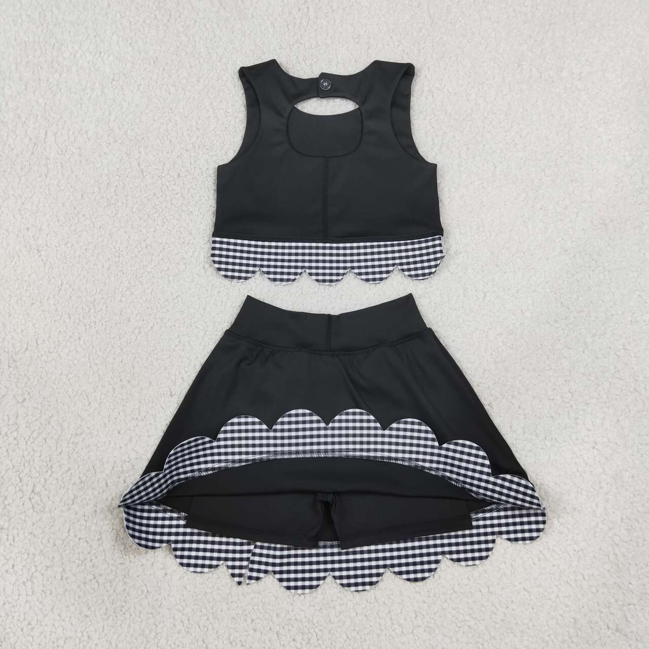 GSD4176 Black Checkered Bows Girls Summer Scallop Yoga Clothes Set