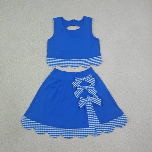 GSD4177 Blue Checkered Bows Girls Summer Scallop Yoga Clothes Set