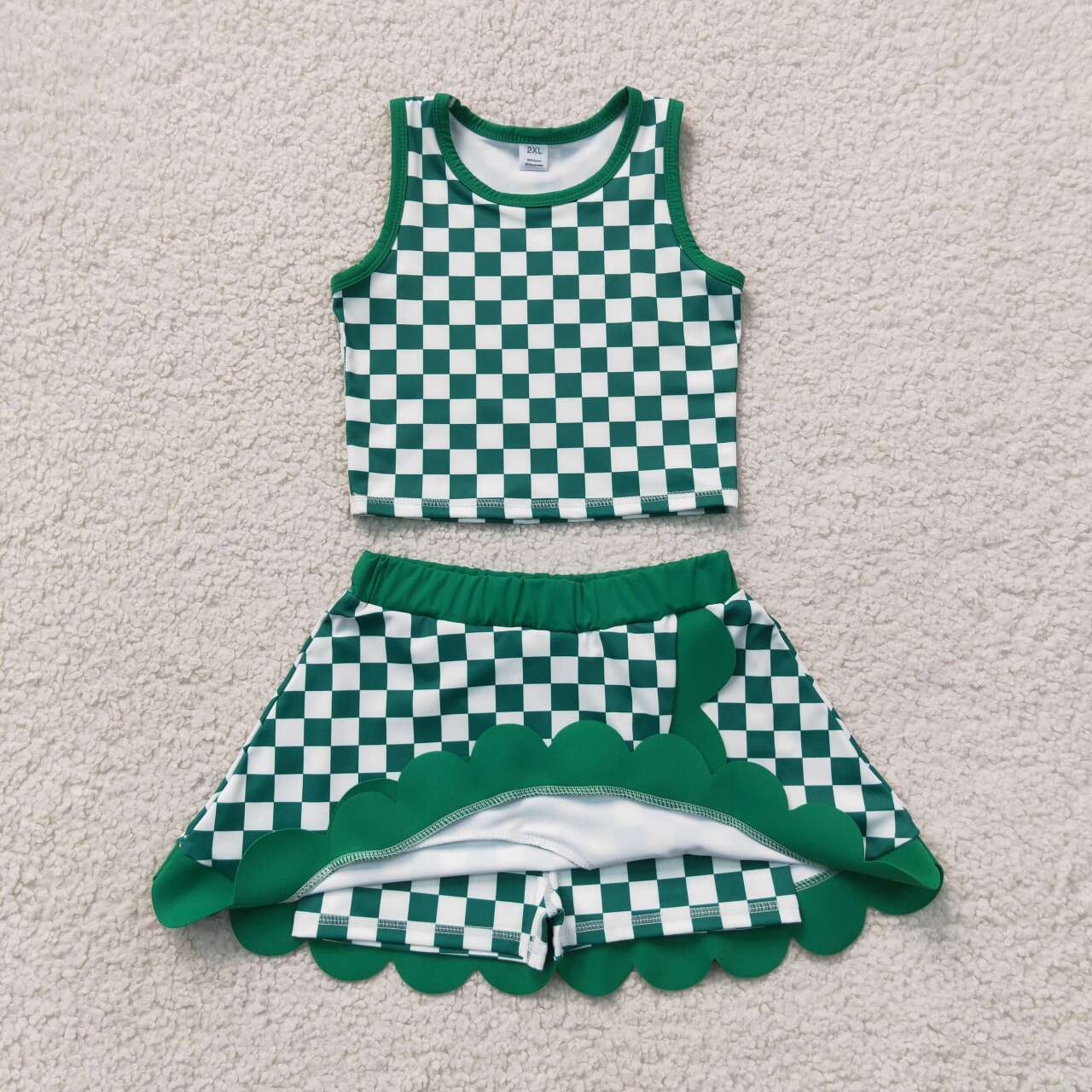 GSD4178 Green Checkerd Sleeveless Tank Top Scallop Skort Girls Yoga Clothes Set