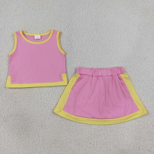 GSD4187 Pink Yellow Crop Top Skort Baby Girls Summer Cotton Sport Clothes Set