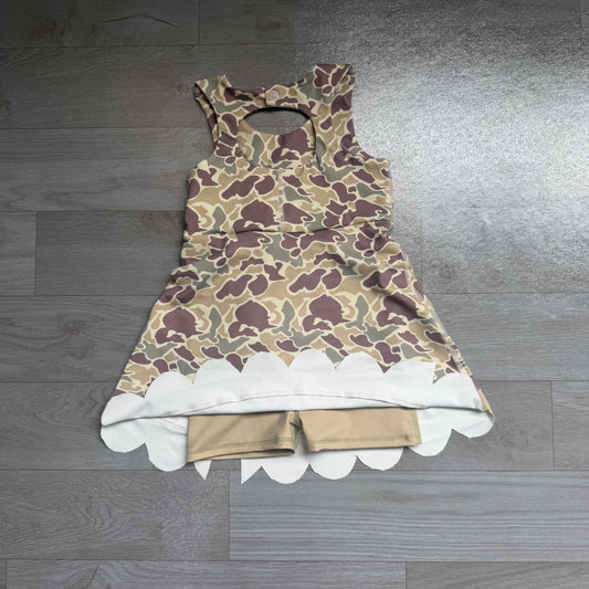 5.30 GSD4228 Preorder Green Camo Girls Sleeveless Scallop Bows Yoga Dress