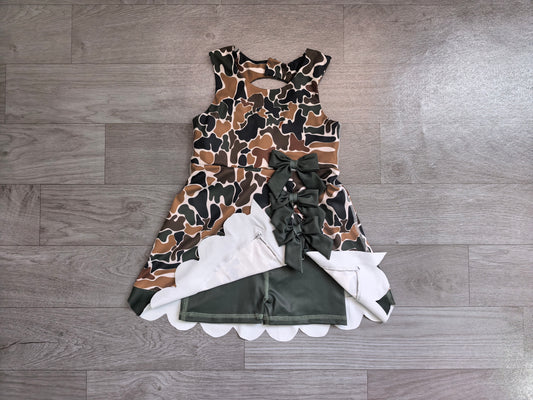 5.30 GSD4229 Preorder Dark Brown Camo Girls Sleeveless Scallop Bows Yoga Dress