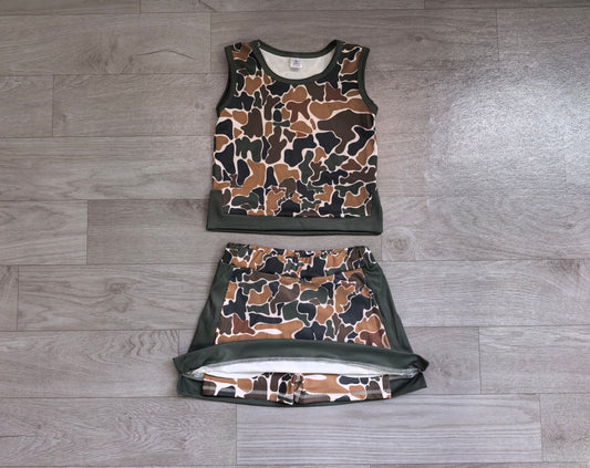Preorder Dark Brown Camo Vest Top Skirts Girls Yoga Clothes Set