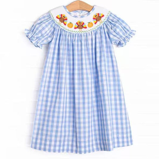 6.18 Preorder GSD4250 Turkey Pumpkin Blue Plaid Print Girls Thanksgiving Dress
