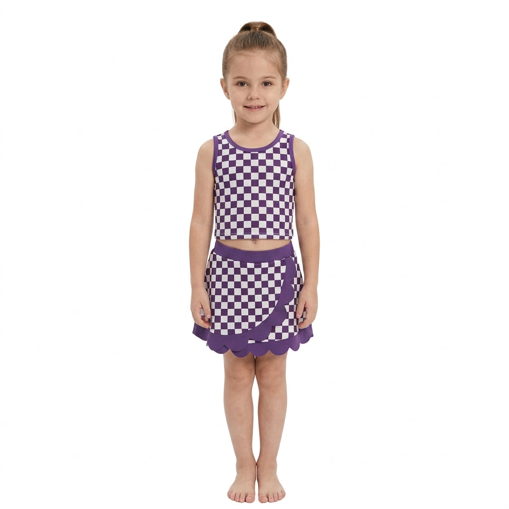 GSD4251 Teams Purple Checkered Tank Top Scallop Edge Skort Girls Active Clothes Yoga Outfits