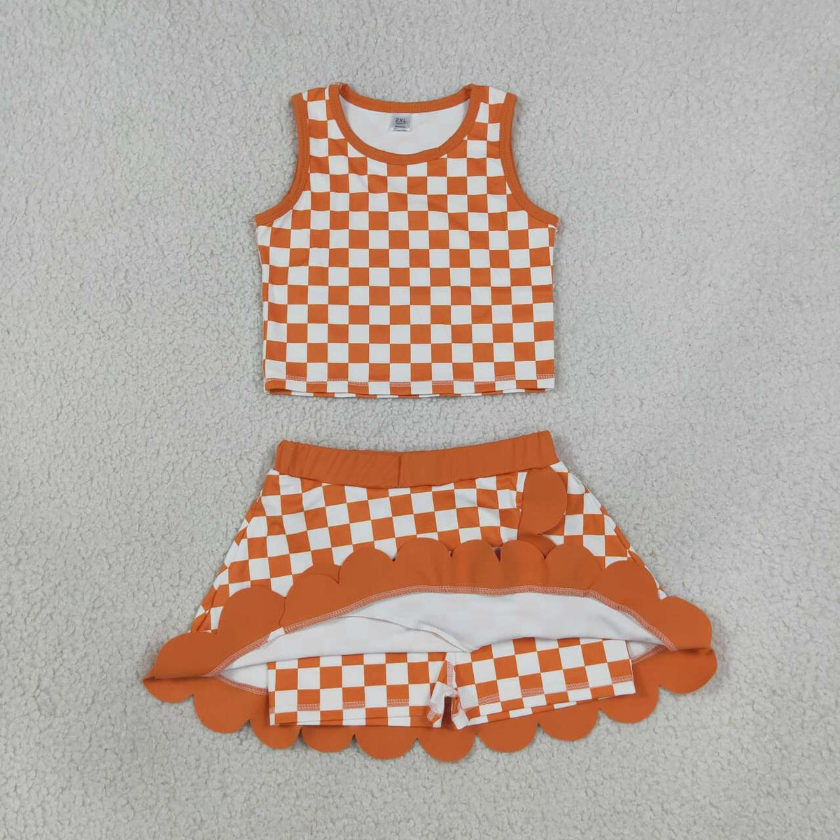 GSD4252 Orange Checkered Tank Top Scallop Edge Skort Girls Active Clothes Yoga Outfits