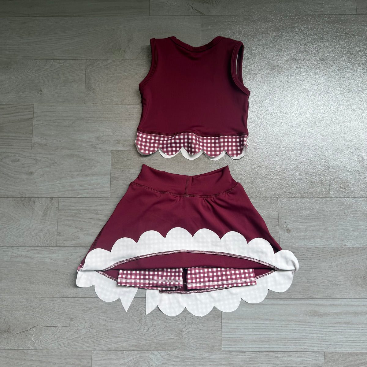 7.6 Preorder GSD4266 Girls Burgundy Gingham Scallop Trim Tank & Multi Bow Layered Skort Set