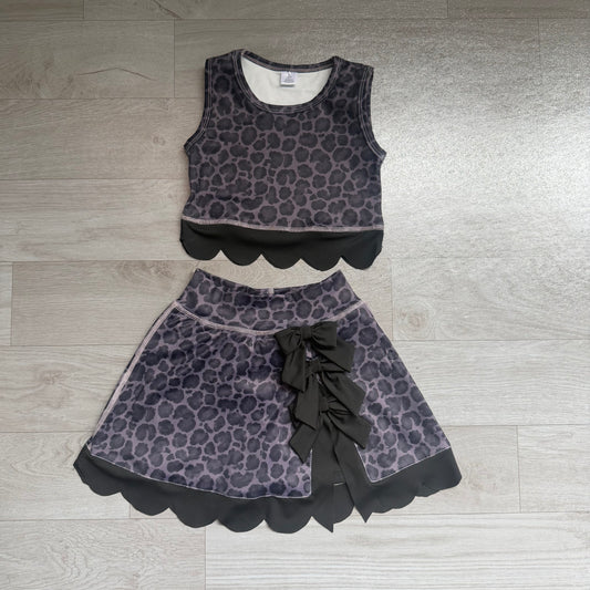 GSD4268 Preorder Black Leopard Tank Top Scallop Skort Girls Summer Yoga Clothes Set