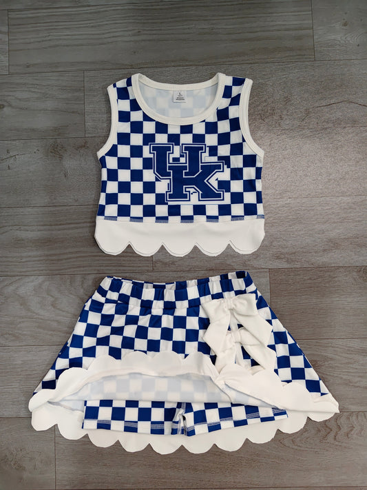 7.15 Preorder Kids Girls UK Blue Checked Tank Top White Bow Skort Active Outfit
