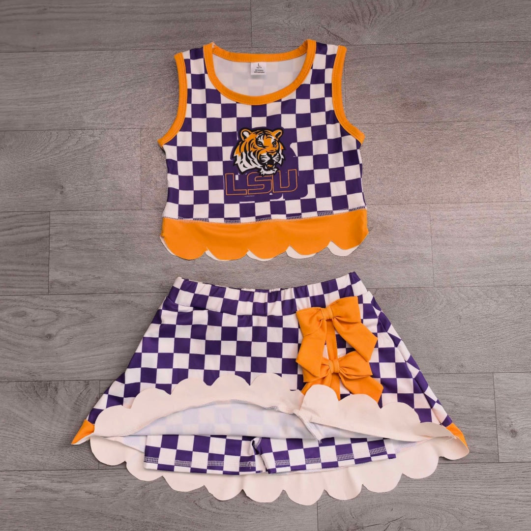 7.15 Preorder MOQ5 Kids Girls LSU Purple Checked Tank Top Yellow Bow Skort Active Outfit
