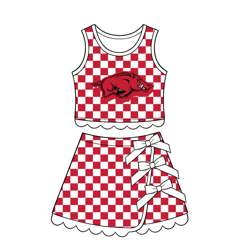7.15 Preorder Kids Girls Arkansas Checked Tank Top White Bow Skort Active Outfit