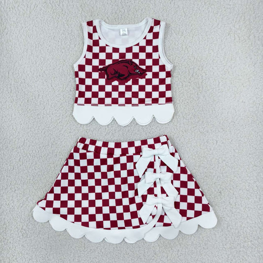 GSD4286 Teams Arkansas Checked Tank Top White Bow Skort Girls Active Outfit