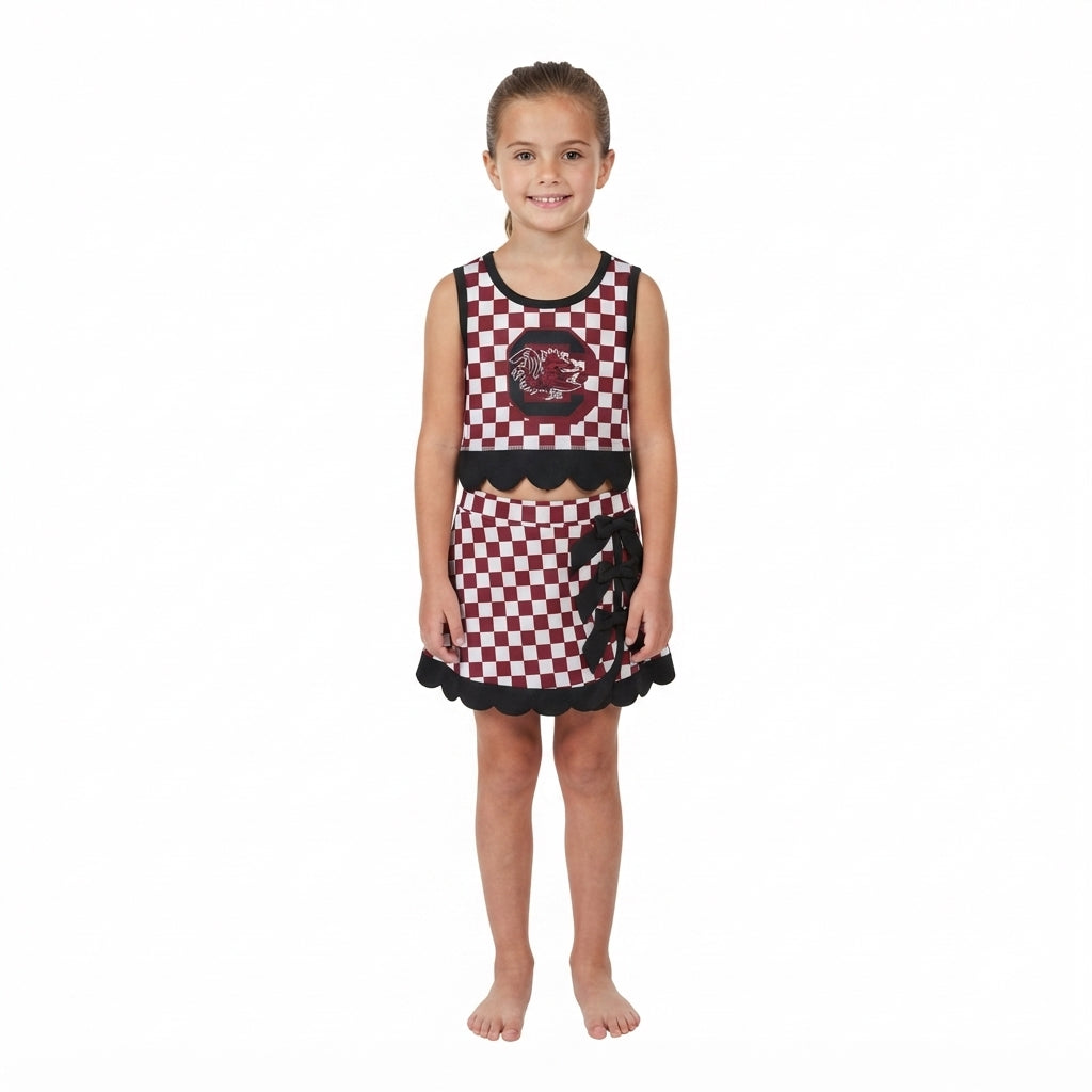 GSD4288 Teams Gamecocks Checkered Tank Top Black Bow Skort Girls Active Outfit