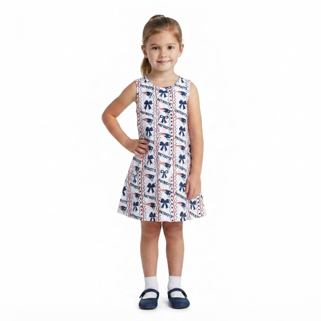 GSD4293 Teams PATRIOTS Bows Print Girls Sleeveless Knee Length Dress