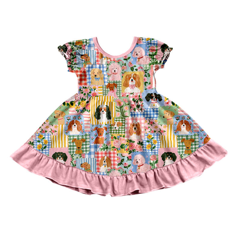 10.10 GSD4335 Preorder Kids Girls Cute Puppy Flowers Short Sleeve Dress