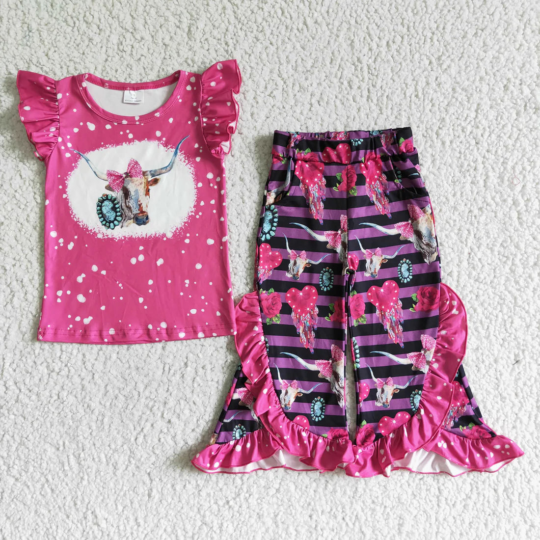 Sibling Baby Girls Western Howdy Bull Skulls Shirts Ruffle Bell Bottom Pants Clothes Sets