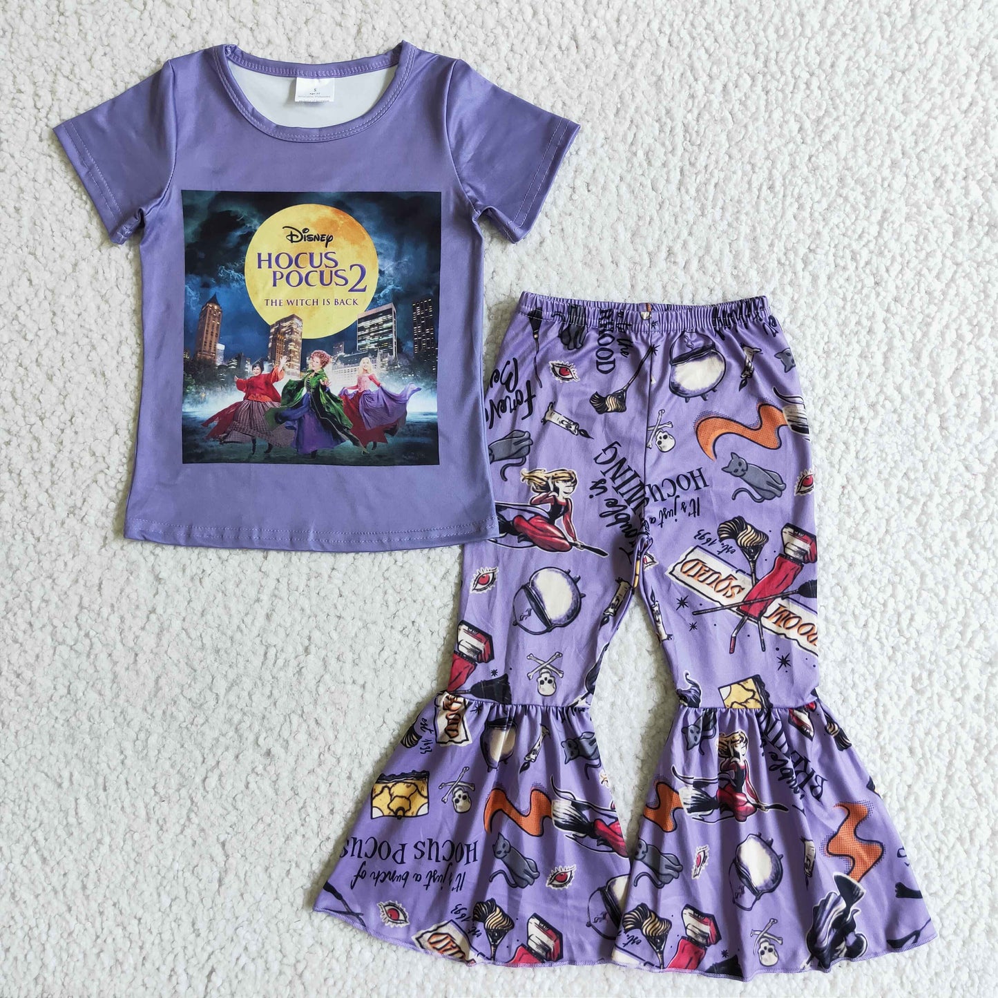 GSPO0132 Witch Purple Top Bell Pants Girls Halloween Clothes Set
