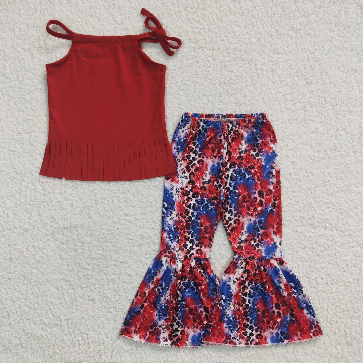 GSPO0299 Red Tassels Halter Top Leopard Bell Pants Girls 4th of July Clothes Set