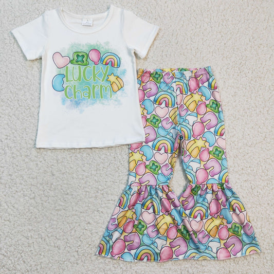 Girls LUCK CHARM print St. Patrick's Day bell pants outfit GSPO0303