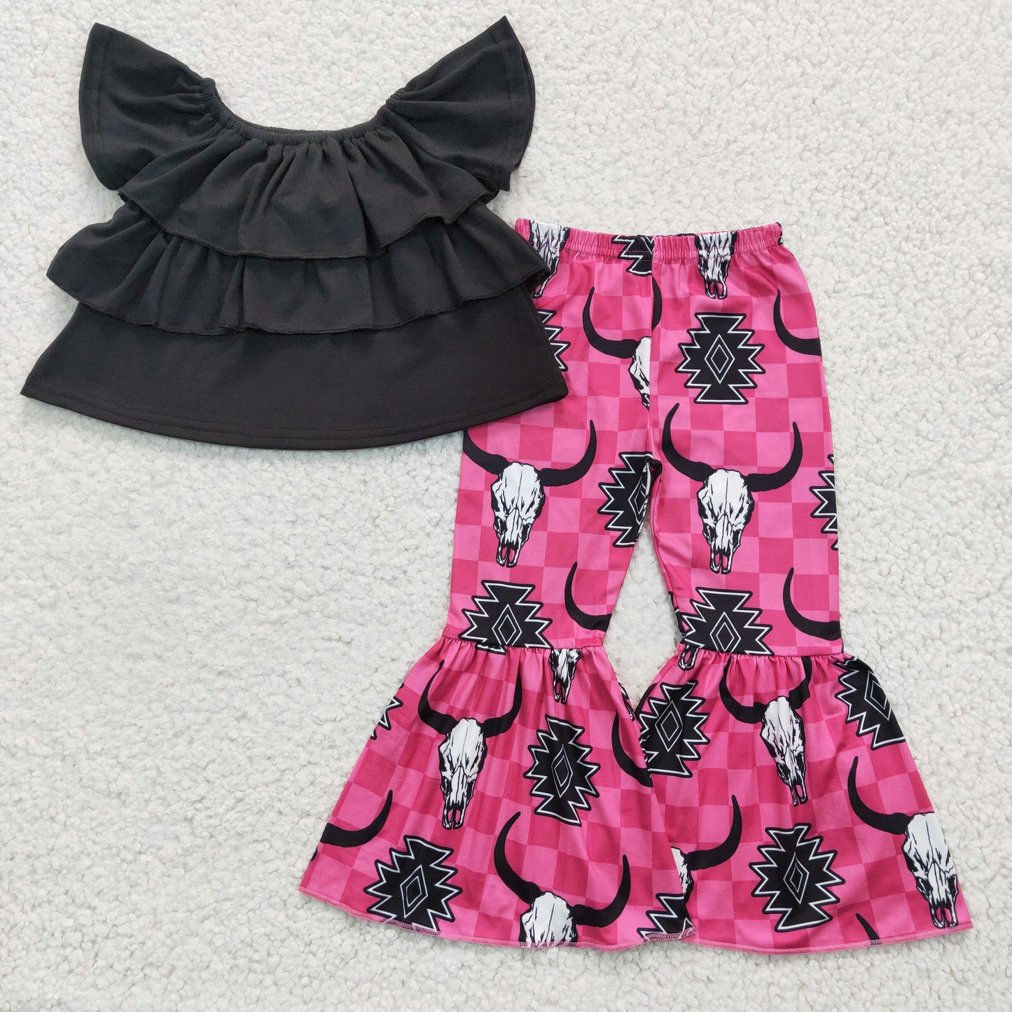 Girls black top cow print bell pants outfit GSPO0314
