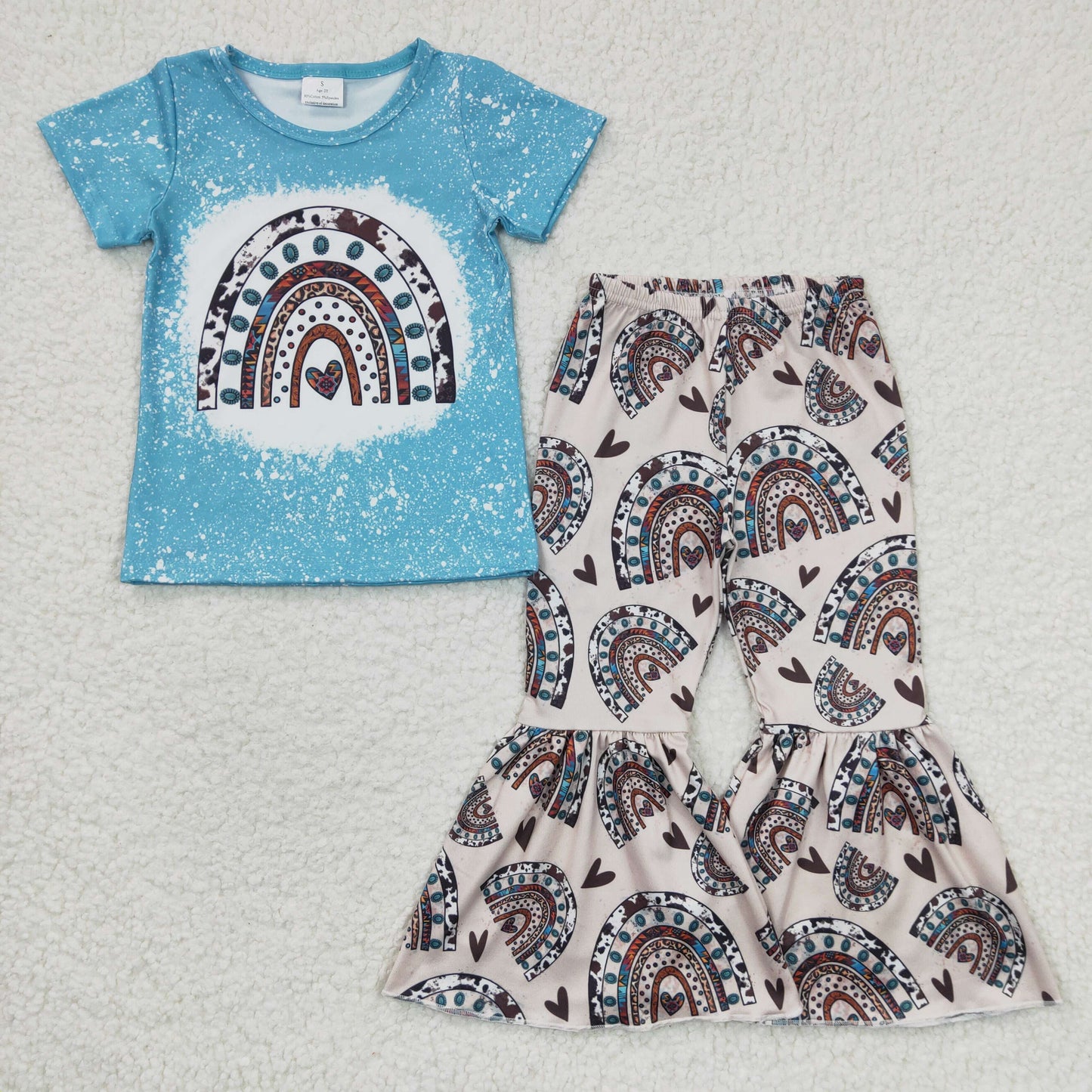 Girls turquoise rainbow print western bell pants outfit GSPO0338