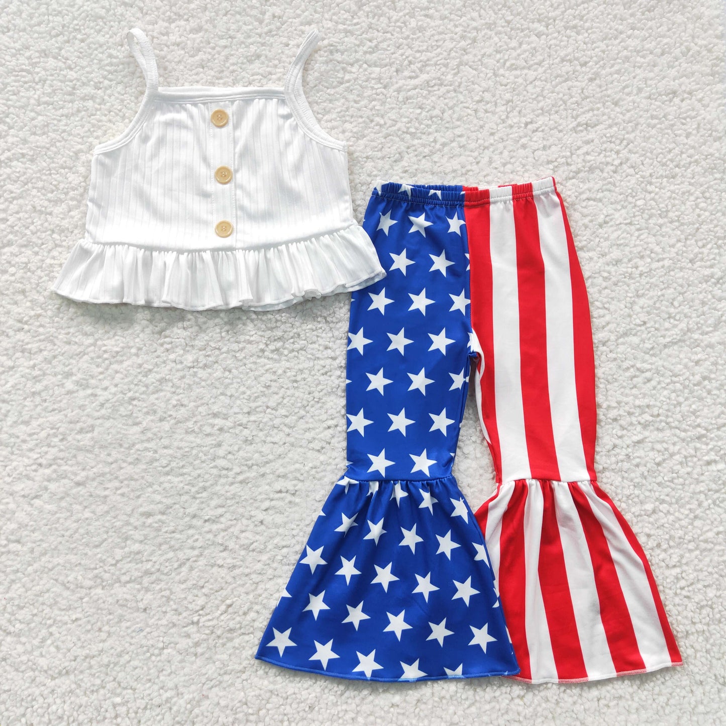 GSPO0480 White Ribbed Strap Crop Top Stars Stripes Bell Pants Girls 4th of July Clothes Set