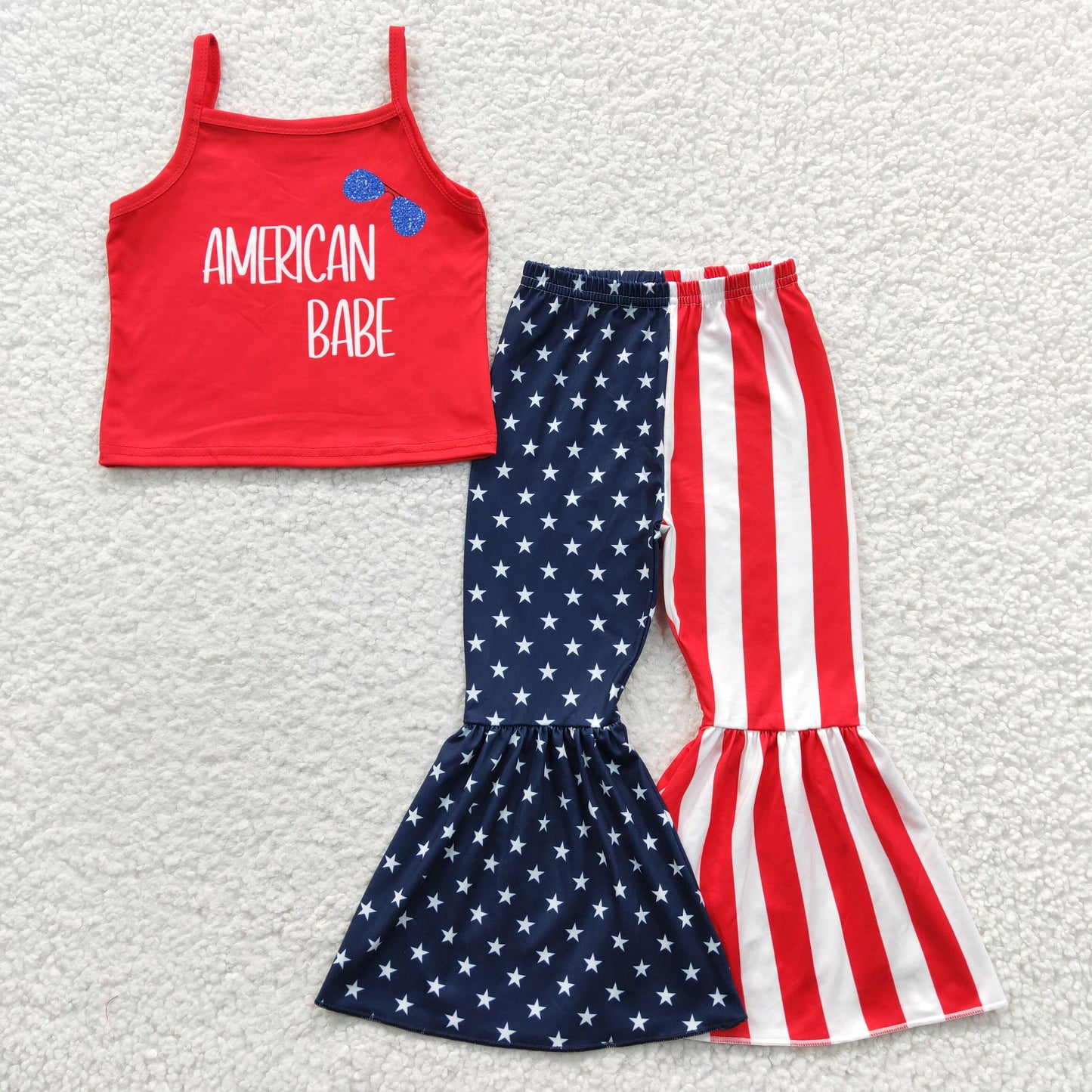 GSPO0533 American Babe Strap Crop Red Top Stars Stripes Bell Pants Girls 4th of July Clothes Set