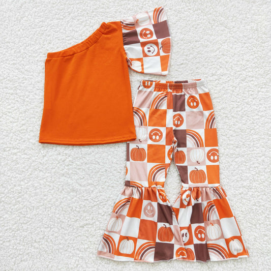 GSPO0620 Orange One Shoulder Sleeve Top Pumpkin Checkerd Bell Pants Girls Fall Clothes Set