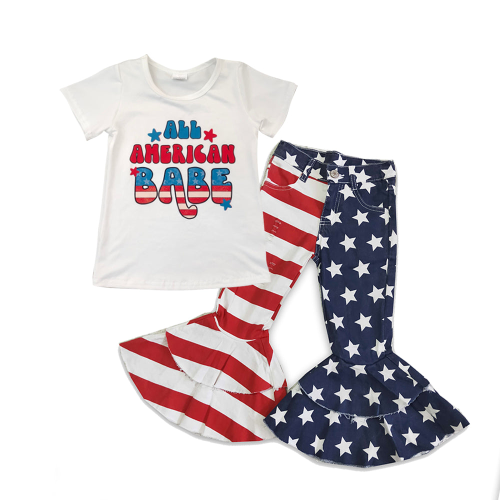GSPO0646 All American Babe T-Shirt & Patriotic Star Stripe Bell Bottom Pants Set - Girls