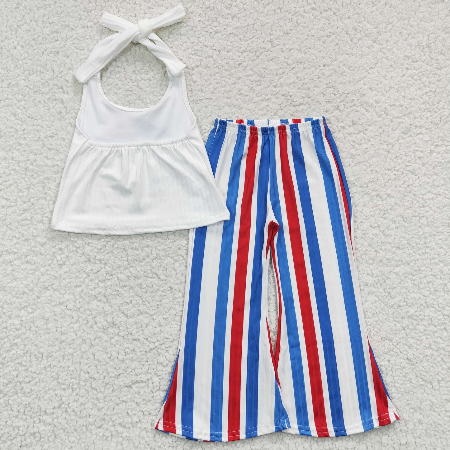 GSPO0655 American Babe Ribbed Halter Top Stripes Bell Pants Girls 4th of July Clothes Set