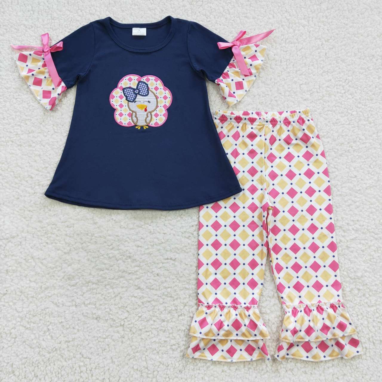 GSPO0670 Turkey Embroidery Navy Top Checkerd Pants Girls Thanksgiving Clothes Set
