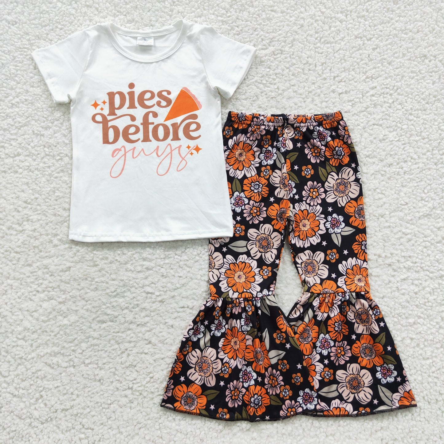 GSPO0699 Pie White Top Flowers Bell Pants Girls Thanksgiving Clothes Set