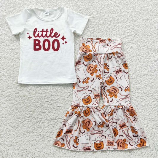 GSPO0723 LITTLE BOO White Top Cowboy Pumpkin Bell Pants Girls Halloween Clothes Set