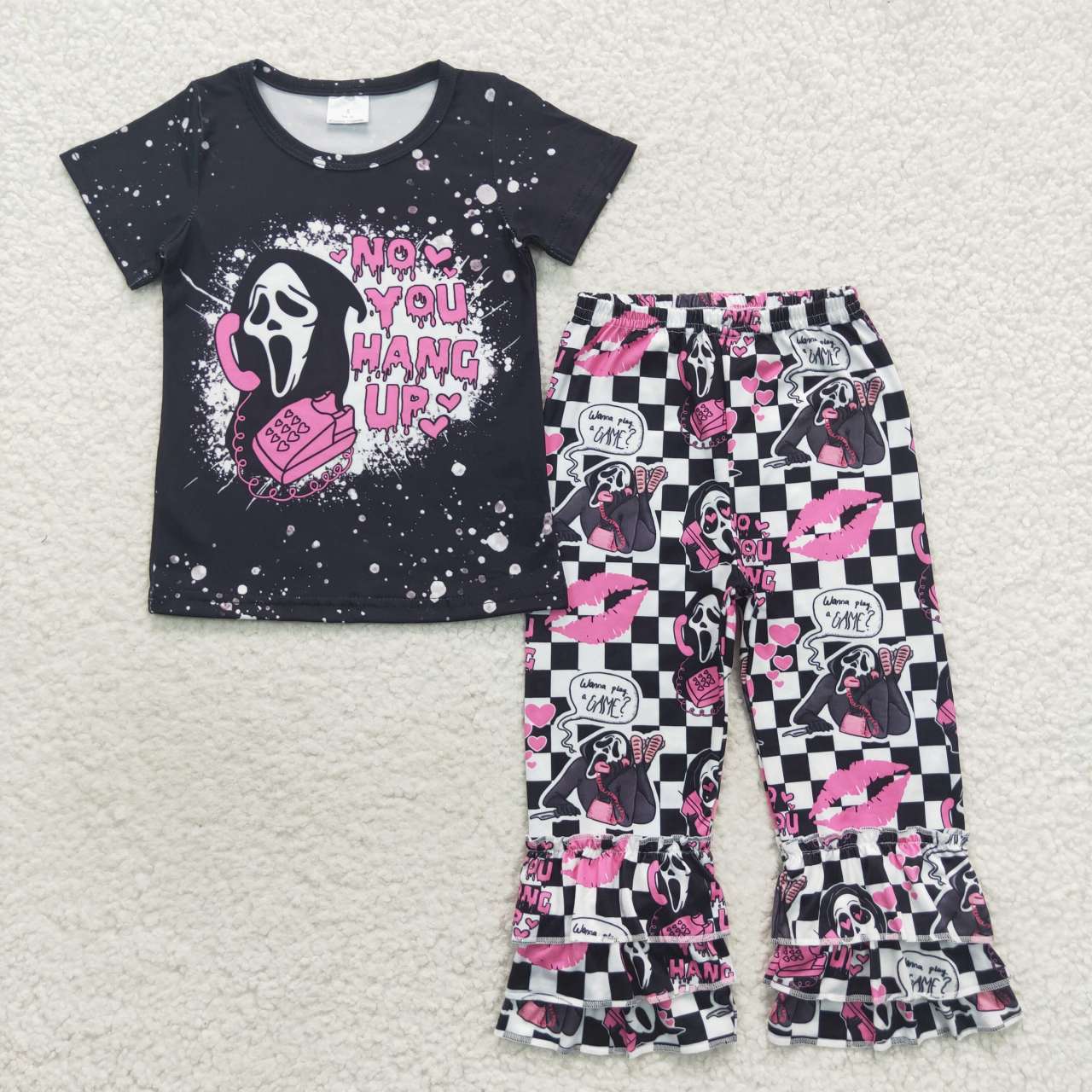 GSPO0797 Characters Call Black Top Checkerd Ruffle Pants Girls Halloween Clothes Set
