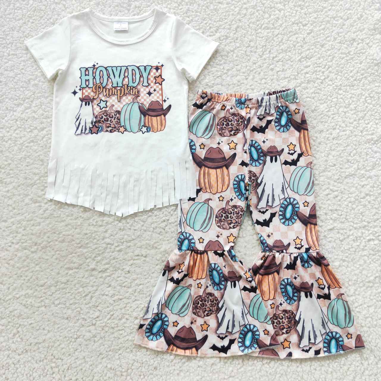 GSPO0803 Howdy Pumpkin White Tassel Top Bat Bell Pants Girls Halloween Clothes Set