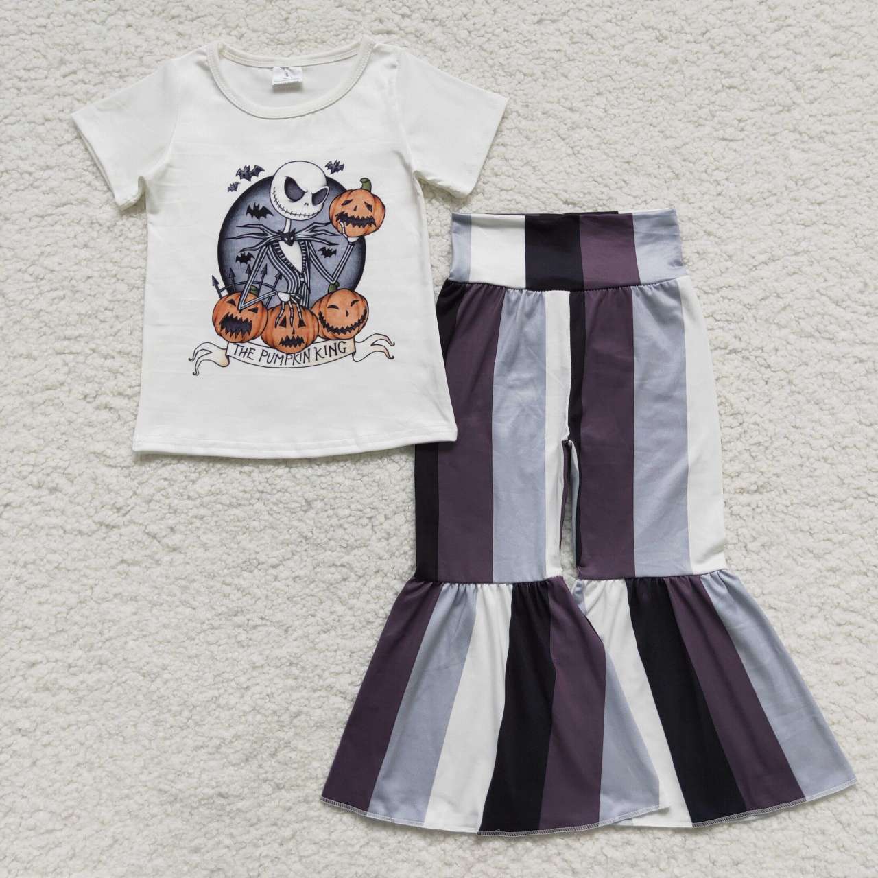 GSPO0812 Nightmar* Pumpkin Top Stripes Bell Pants Girls Halloween Clothes Set