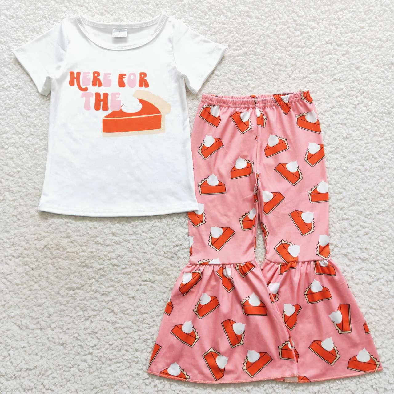 GSPO0818 Pie White Top Pink Bell Pants Girls Thanksgiving Clothes Set