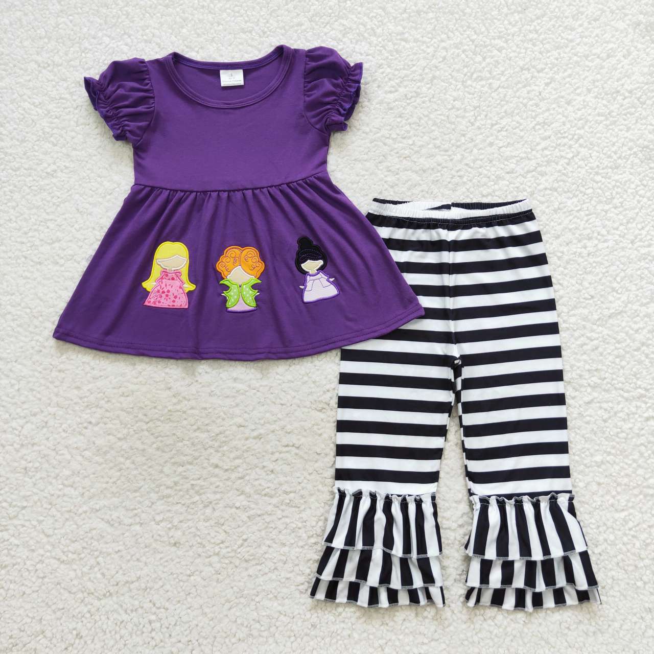 GSPO0834 Witch Embroidery Purple Tunic Top Stripes Ruffle Pants Girls Halloween Clothes Set