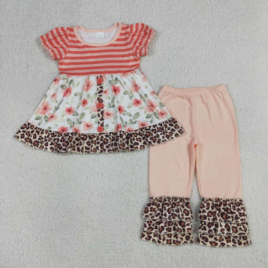 GSPO1044 Baby Girls’ Flowers Print Short Sleeve Tunic Tops & Ruffle Pants Clothes Set