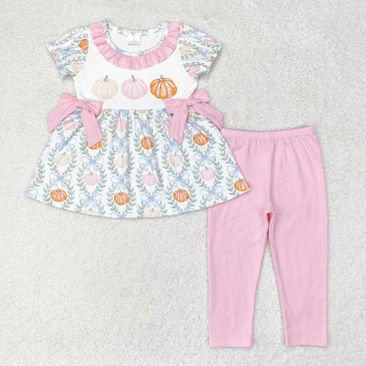 GSPO1601 Pumpkin Bows Tunic Top Pink Pants Girls Fall Clothes Set