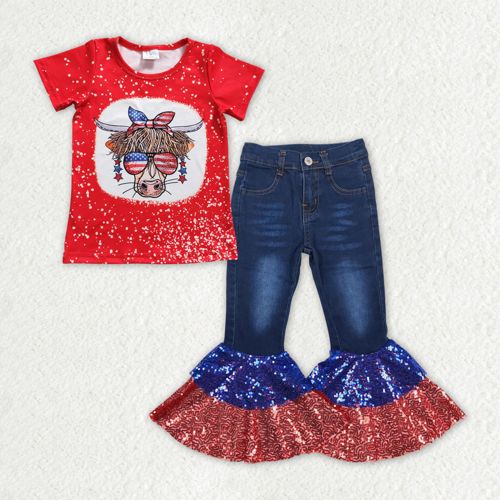 GSPO1621 Heifer Stars Top Blue Denim Sequin Bell Jeans Girls 4th of July Outfits