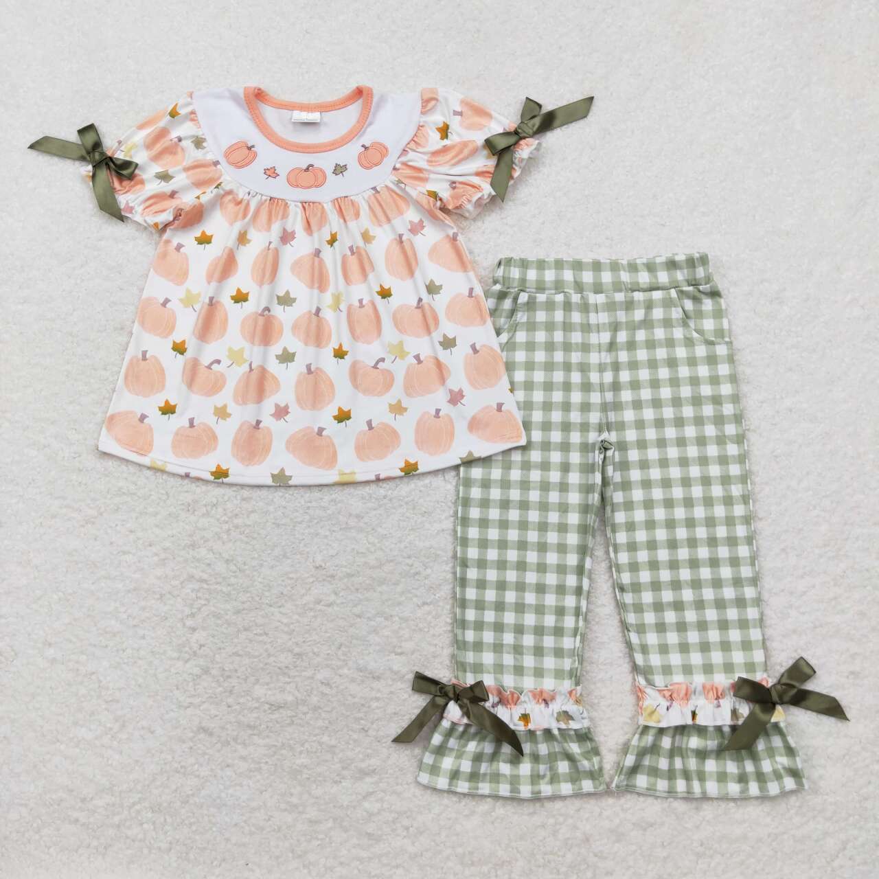 GSPO1640 Pumpkin Leaf Embroidery Tunic Top Checkered Pants Girls Fall Clothes Set