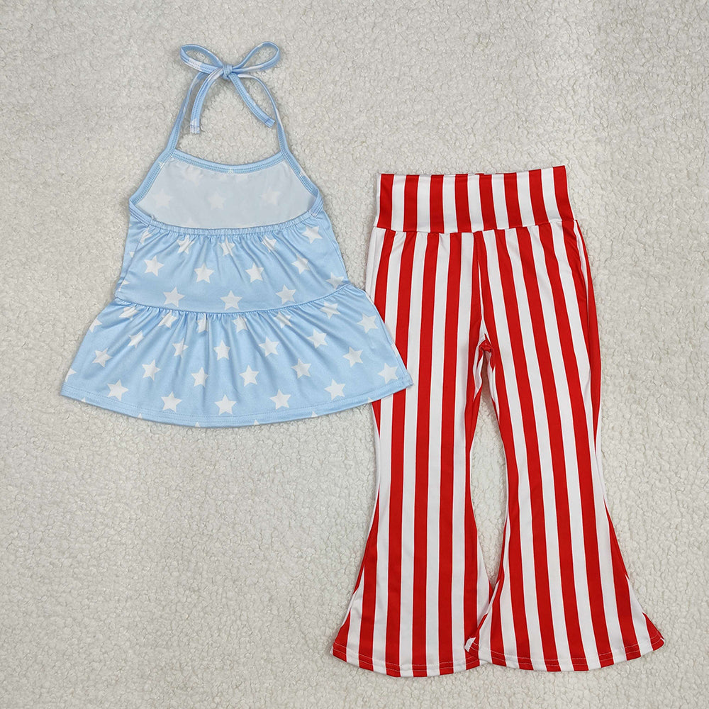GSPO1974 Stars Halter Tunic Top Red Stripes Bell Pants Baby Girls 4th of July Clothes Set