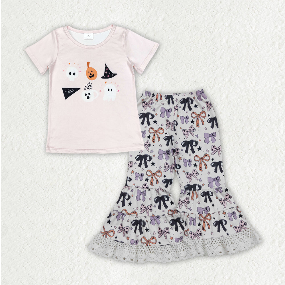 GSPO2065 Ghost Pink Top Bows Bell Pants Girls Halloween Clothes Set