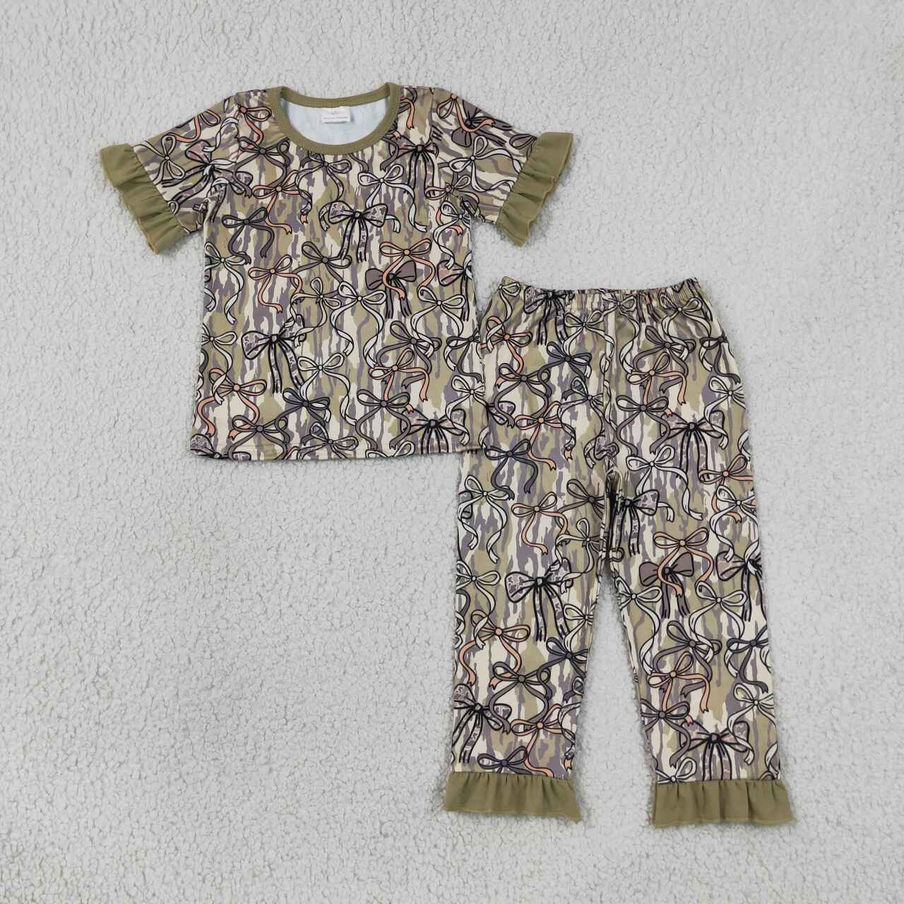 GSPO2264 Camo Bows Short Sleeve Pants Girls Pajamas Clothes Set